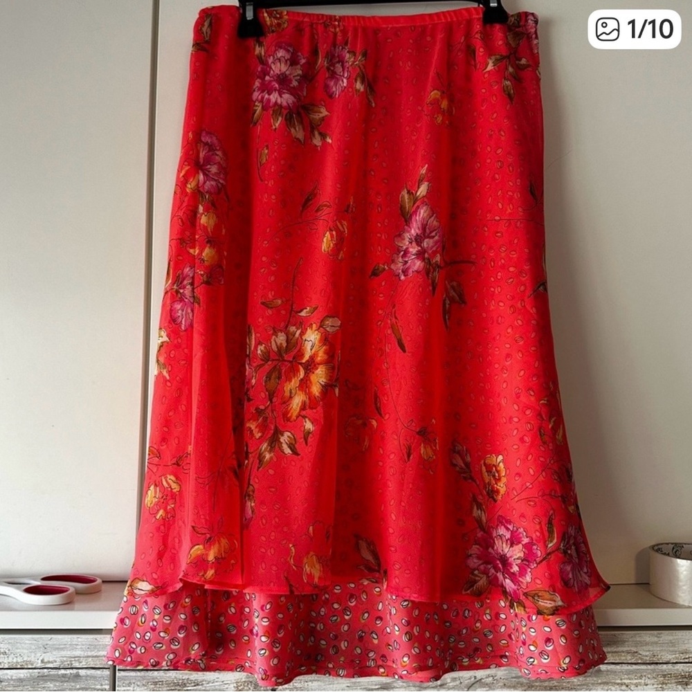 🌺 Notations Reversible Floral Midi Skirt Large Red Pink 2-in-1 Boho